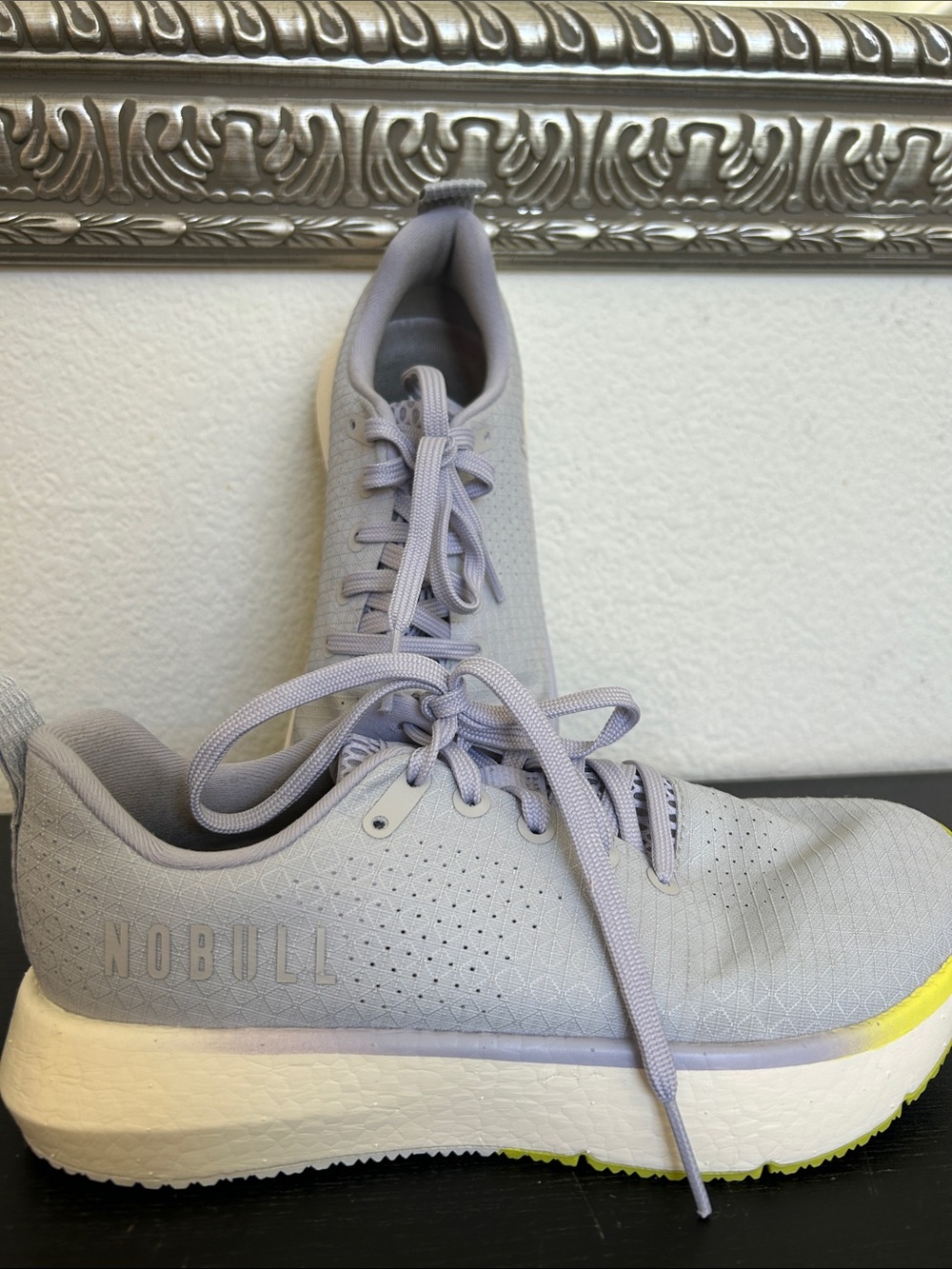 NOBULL Women’s Light Gray Athletic Lace-Up Sneakers with Yellow Outsole Accent